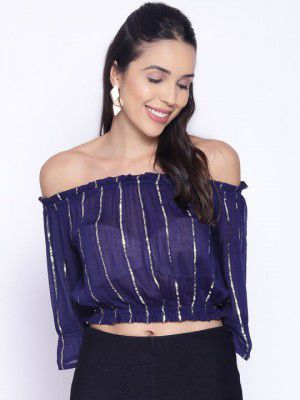 IX IMPRESSION Navy Blue Embellished Off-Shoulder Crepe Bardot Crop Top