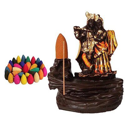 J JIYANSH CREATION® Present Radha Krishna Backflow Smoke Fountain Incense Holder Burner with Backflow Incense Cones Sticks - Material Polyresin (Design 7)