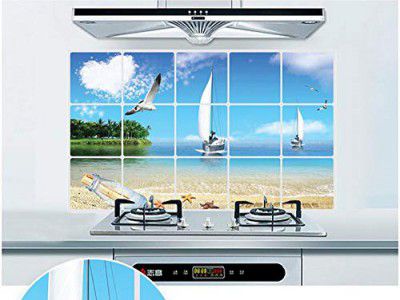 Jaamso Royals Removable Kitchen Oil Proof Decal Sticker Heat-Resistant Waterproof Tile Sticker Aluminium Foil Wall Sticker ( Sea Beach View ) (45 cm *75 cm)