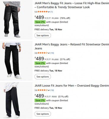 JAAR Men Baggy / Loose Fit Jeans Start At 489