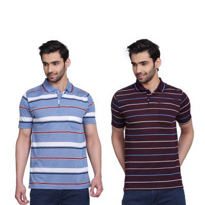 JABB Striped Men Polo Neck Half Sleeve Multicolor Combo Pack T-Shirts ( Pack Of 2 )