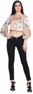 Jaconet Apparel  Casual Bell Sleeves Floral Print Women Beige Top