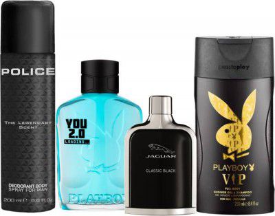 JAGUAR Valentines Day Special Fragrance Gift Set for Men (EDT 40ml + Police Deo 200ml + Playboy EDT 100ml & Shower Gel 250ml) (4 Items in the set)