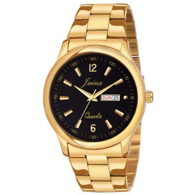 jainx Premium Golden Chain Day and Date Feature Analog Stainless Steel Black Dial Gold Plated Band Wrist Watch for Men - JM1132