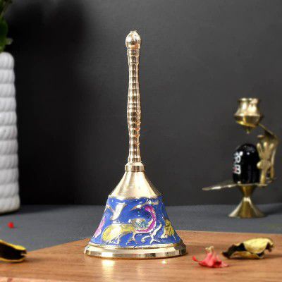 Jaipur Ace Brass Pooja Bell- Printed Mandir Ghanti- Puja Handbell- Home and Temple Prayer Bell Musical Instruments (Blue)