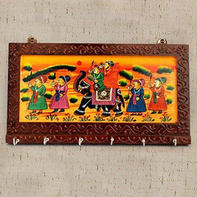 JaipurCrafts Wooden Rajasthani Art Work 6 Hook Hanging Key Holder/Keychain Holder - Brown (12 x 6 in)