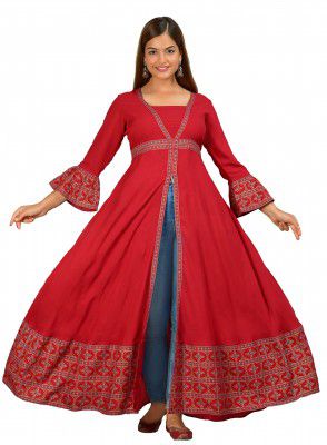 Jaipurite Women Rayon Printed Ethnic Frontslit Anarkali Kurta in Maroon