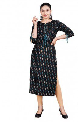 Jaipurite Women Rayon Printed Straight Kurta in Black