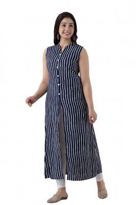 Jaipurite Women's Stripe Print Frontslit Kurti in Blue