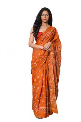 JALTHER Handicrafts Women's Ikat Hand Block Print Jaipuri Cotton Mulmul Saree with Blouse Piece