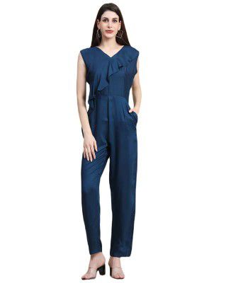 JAMON Womens Fashion Latest Trendy Ruffles Pure Viscose Sleeveless A-Line Maxi V- Neck Jumpsuit with Insert Pockets