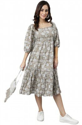 Janasya Women Grey Cotton Knee Length Dress