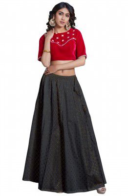 Janasya Women's Black Cotton Printed Ethnic Kali Skirt