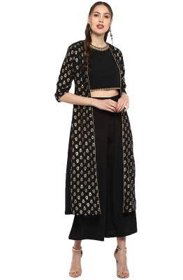 Janasya Women's Black Poly Crepe Crop Top With Palazzo And Shrug