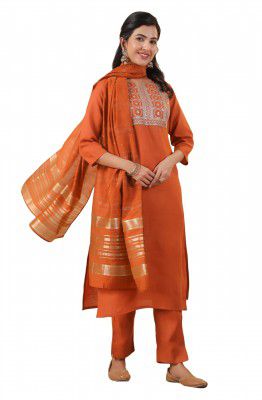 Janasya Women's Cotton Blend Yoke Embroidery Straight Kurta Set