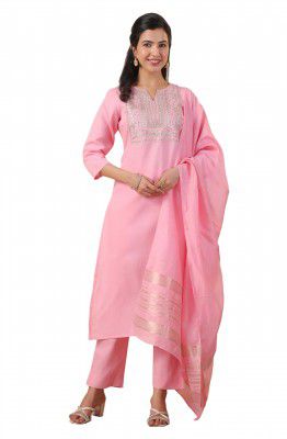 Janasya Women's Cotton Blend Yoke Embroidery Straight Kurta Set