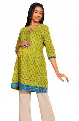 Janasya Women's Green Cotton Printed A-Line Maternity Tunic