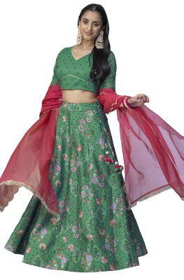 Janasya Women's Green Crepe Silk Digital Floral Printed Lehenga Choli With Dupatta