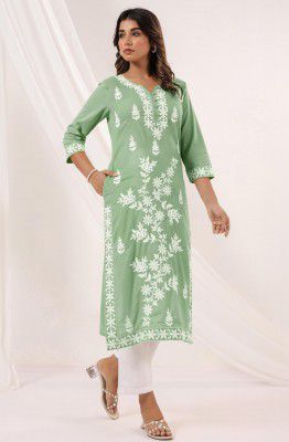 Janasya Women's Light Blue Pure Cotton Embroidered Straight Kurta