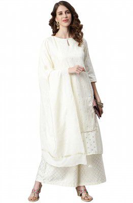 Janasya Women's Off- White and Silver Poly Silk Kurta With Palazzo and Dupatta
