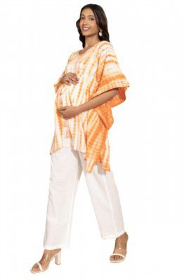 Janasya Women's Peach Cotton Tie Dyed Kaftan Maternity Tunic