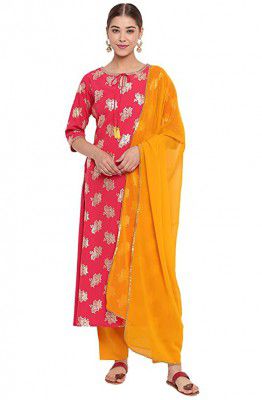 Janasya Women's Poly Crepe A-Line Kurta With Pant And Dupatta