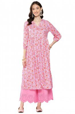 Janasya Women's Polyester Moss Digital Pleated Floral Printed Gathered Kurta