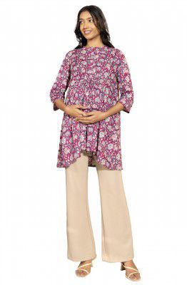 Janasya Women's Purple Cotton Floral Printed String Waist Maternity Tunic