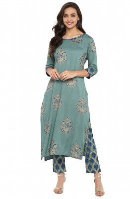 Janasya Women's Turquoise Green Rayon Foil Print Kurta with Pant