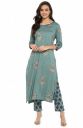 Janasya Women's Turquoise Green Rayon Foil Print Kurta with Pant...