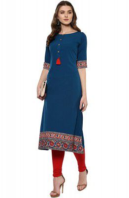 Janasya Womens Turquoise Poly Crepe A-line Kurta