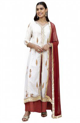 Janasya Women's White Cotton Embellished Floral Printed Kurta Palazzo With Dupatta