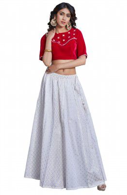 Janasya Women's White Rayon Foil Print Ethnic Kali Skirt