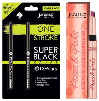 Jaquline USA One Stroke Kajal twin Pack 0.60gm | Jaquline USA Kisses & Pouts Transfer Proof,Smudge proof & Enriched with Vitamin E Matte Lipstick 1.4gm Love Kiss 06