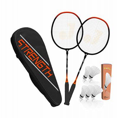 Jaspo GET Set Steel Badminton Racket Combo Set, Lightweight Badminton Racquet (1 Pair) with 5 pc Feather shuttlecocks and 1 Carrying Bag for Outdoor Games Suitable for Beginners