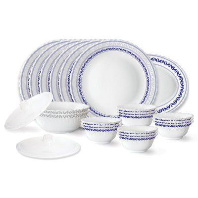Larah by Borosil Jazzblue Fluted Series Opalware Dinner Set | 23 Pieces for Family of 6