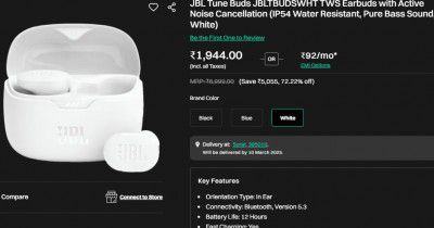 JBL Tune Buds JBLTBUDSWHT TWS Earbuds with Active Noise Cancellation (IP54 Water Resistant, Pure Bass Sound, White)