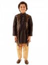 JBN Creation Boys Boys navy blue silk blend foil printed layered kurta and rose gold pyjama set...