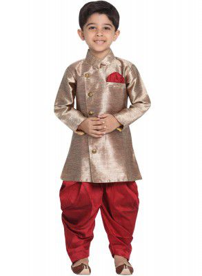 JBN Creation Boys' Gold Cotton Blend Woven Banarasi Indowestern Angrakha Style Sherwani With Cowl Style Patiala Dhoti Pant Set