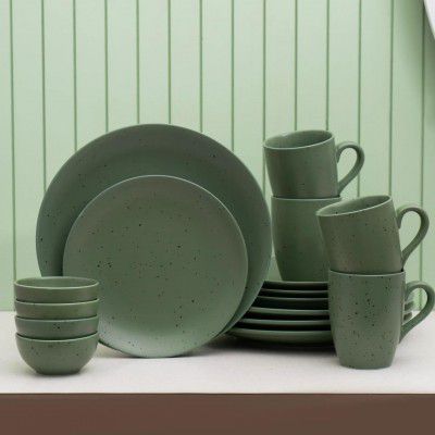 JCPL Fine Porcelain Grains Dinner Set, for Family of 4, Ceramic Crockery Set, Dinner Plates, Kitchen Set for Home, Dining Set for Dinner, Microwave & Dishwasher Safe Plates (Green, 16 Pieces)