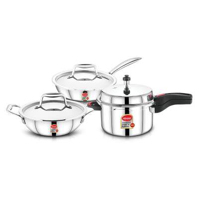 JENSONS Smilla Triply 18/10 Food Grade Stainless Steel 5 LTR Pressure Cooker/Kadai 24 cm & Fry Pan 24 cmHeavy Body SSF-Induction Compatible- Set of 3
