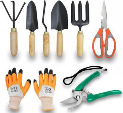 JetFire Gardening Set of 5 With Scissor, Prune Gloves (Wooden) Garden Tool Kit  (8 Tools)