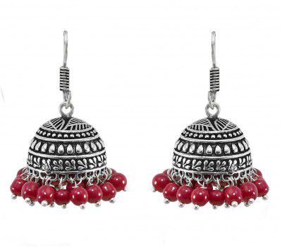 Jewelopia Brass Oxidized Silver Plating Flower Shape Dangler Earrings with Multicolor Pearl Drop for Women and Girls
