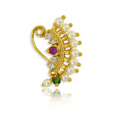 JEWELOPIA Maharashtrian Nath CZ Nose Ring Without Piercing Pearl Gold Plated Nath Clip On Nose Ring For Women (CZ NATH 6)