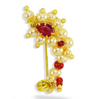 JEWELOPIA Maharashtrian Nath Nose pin Small Size Traditional Diamond Marathi Nathni Stud non piercing Pearl Gold Plated Nath Clip On Nose Jewellery For Girls and Women