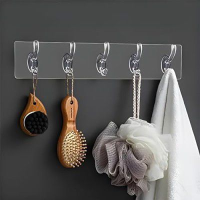 JIALTO 1 Pcs 6-in-1 Self Adhesive Heavy Duty Wall Hook - No Drilling for Bathroom, Shower, Kitchen | Waterproof Transparent Hooks for Easy Installation