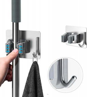 JIALTO 1 Pcs Stainless Steel Broom Holder with Hook - Wall-Mounted Adhesive Storage Solution for Broom Holders, Home, and Kitchen Organization