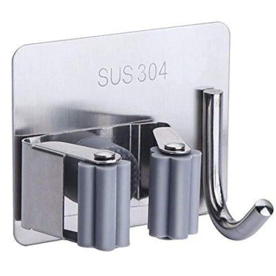 JIALTO 2 PCS Broom Holder Wall Mounted and Mop Holder for Wall Steel/Broom Stick Holder Wall Mounted for Home No Drilling/Broom & Mop Self Adhesive Holder Mop Holder for Wall Without Drilling (Sliver)
