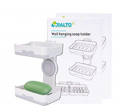 Jialto Plastic Wall Mounted Double Layers Soap Dish Saver with Drain Tray, Adhesive Sponge Holder No-Drilling Soap Holder for Shower Bathroom Kitchen - Multicolour