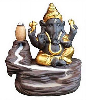 Jik Store Decorative Good Luck Lord Ganesh Fountain Smoke Backflow Cone Incense Holder with 10 Smoke Backflow (Golden)(Plastic, Square)